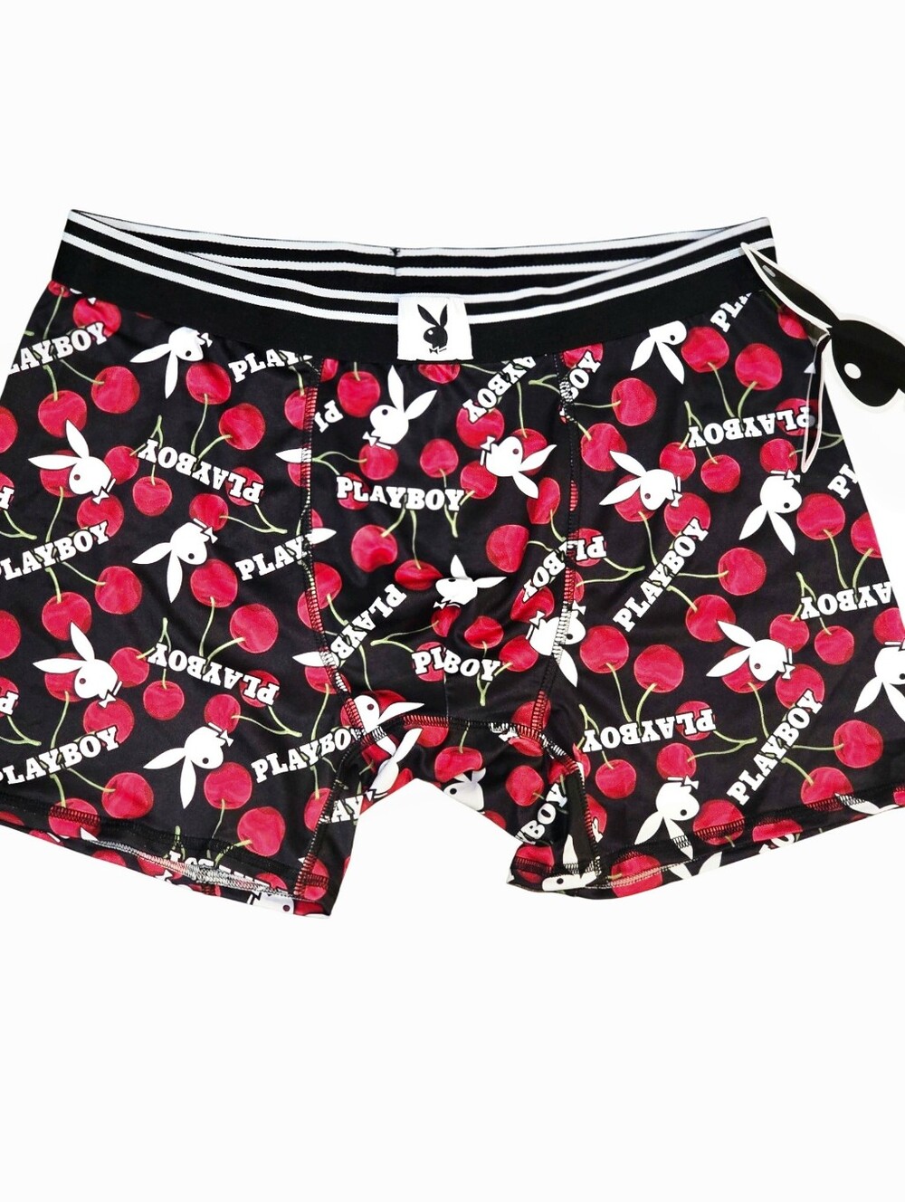 PLAYBOY Bunny Cherry Print Stripe Band Boxer Briefs